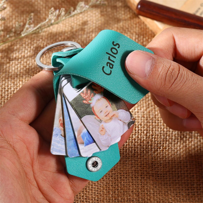 Personalised Multi-Photo Leather Keychain,Custom 1-4 Photos Keyring,Picture Keychain, Anniversary gift for Him,Father's Day Gifts for Dad