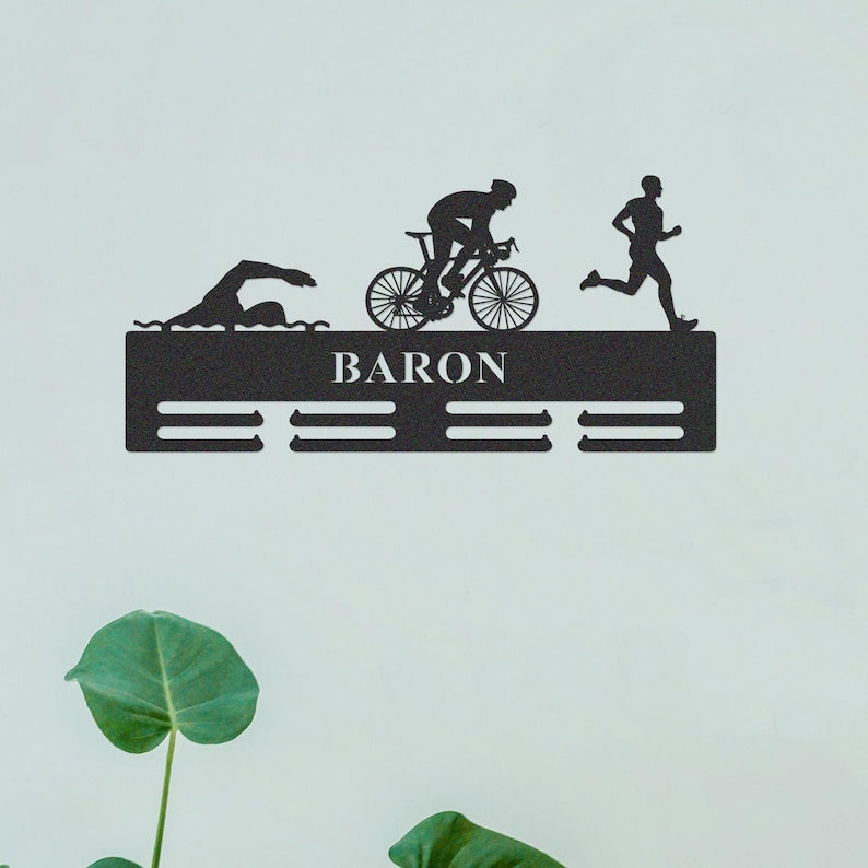 Custom Triathlon Medal Hanger Monogram, Triathlon Medal Hanger,Personalized Triathlon Medal Holder, Triathlon Medal Display,Name Awards Sign