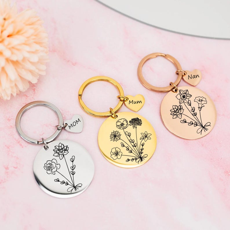 Personalized Bouquet Flower Keychain, Keychain for Mom, Nana, Grandma, Mothers Day Gift for Her, Gift for Teacher, Family Gift Mother