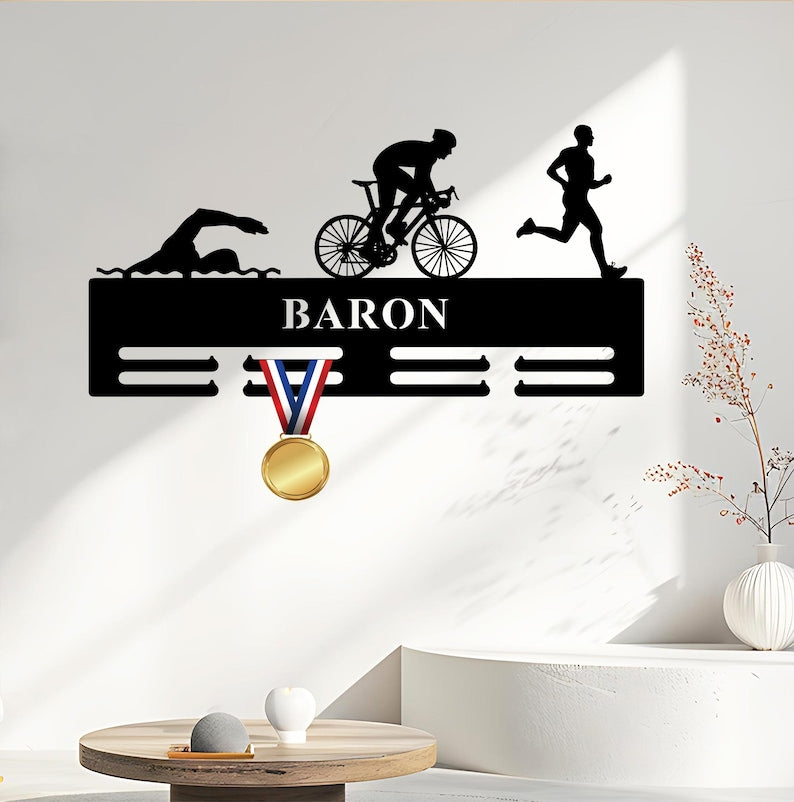 Custom Triathlon Medal Hanger Monogram, Triathlon Medal Hanger,Personalized Triathlon Medal Holder, Triathlon Medal Display,Name Awards Sign