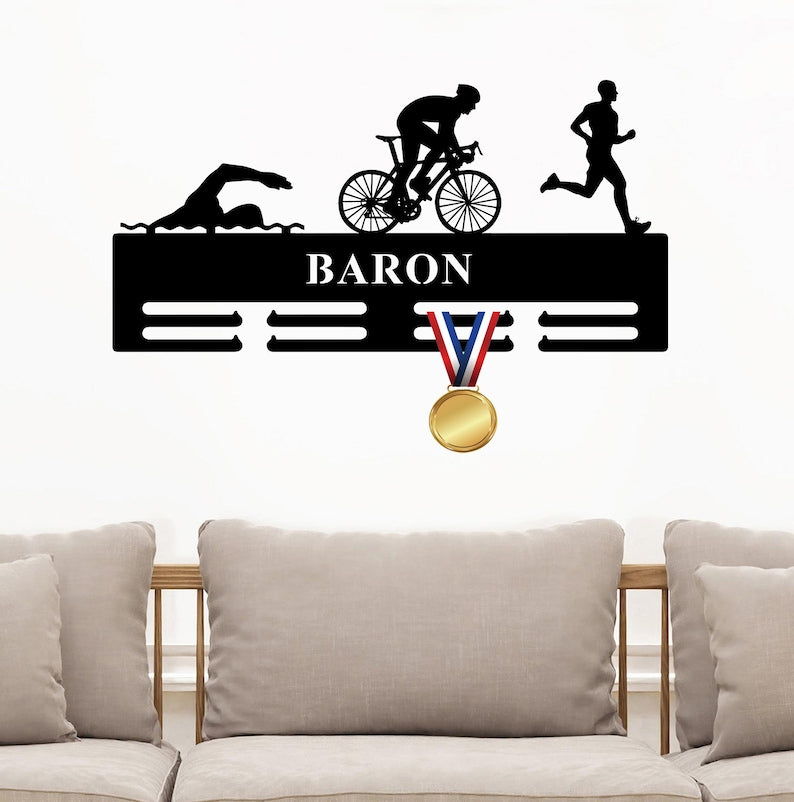 Custom Triathlon Medal Hanger Monogram, Triathlon Medal Hanger,Personalized Triathlon Medal Holder, Triathlon Medal Display,Name Awards Sign