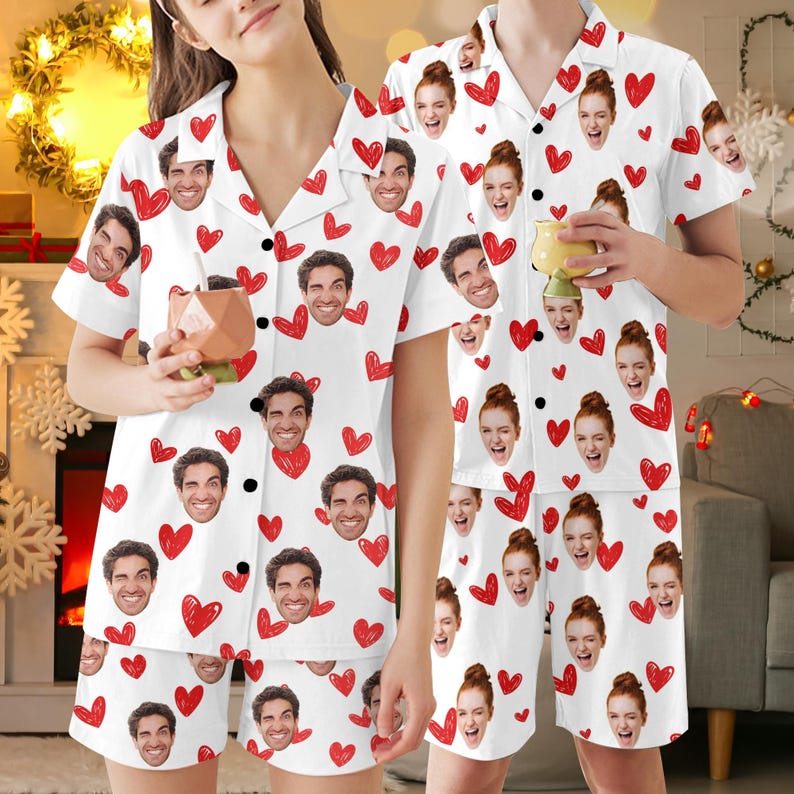 Custom Photo Hearts Pajamas,Personalized Face Short Pajama Set for Men/Women,Custom Heart Couple PJs,Birthday/Anniversary Gifts