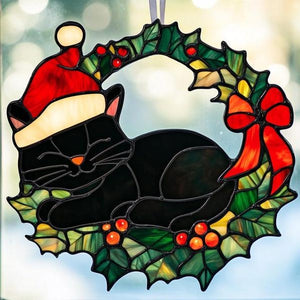 Black Cat Christmas Ornament, Christmas Cat Ornament, Christmas Gift for Cat Mom Cat Acrylic Suncatcher Window Hanging Christmas Decoration