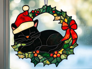 Black Cat Christmas Ornament, Christmas Cat Ornament, Christmas Gift for Cat Mom Cat Acrylic Suncatcher Window Hanging Christmas Decoration