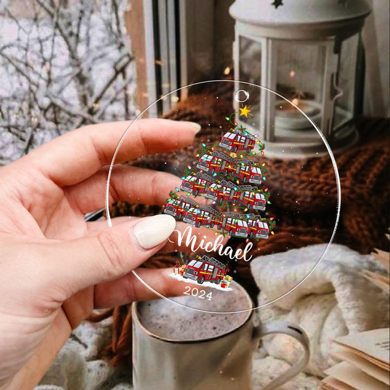 Personalized Firefighter Truck Acrylic Christmas Ornament, Custom Fire Truck Ornament, Firefighter Gifts, Christmas Gift For Firefighter