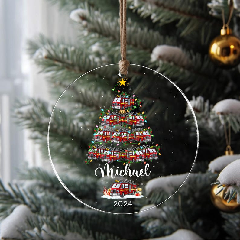 Personalized Firefighter Truck Acrylic Christmas Ornament, Custom Fire Truck Ornament, Firefighter Gifts, Christmas Gift For Firefighter