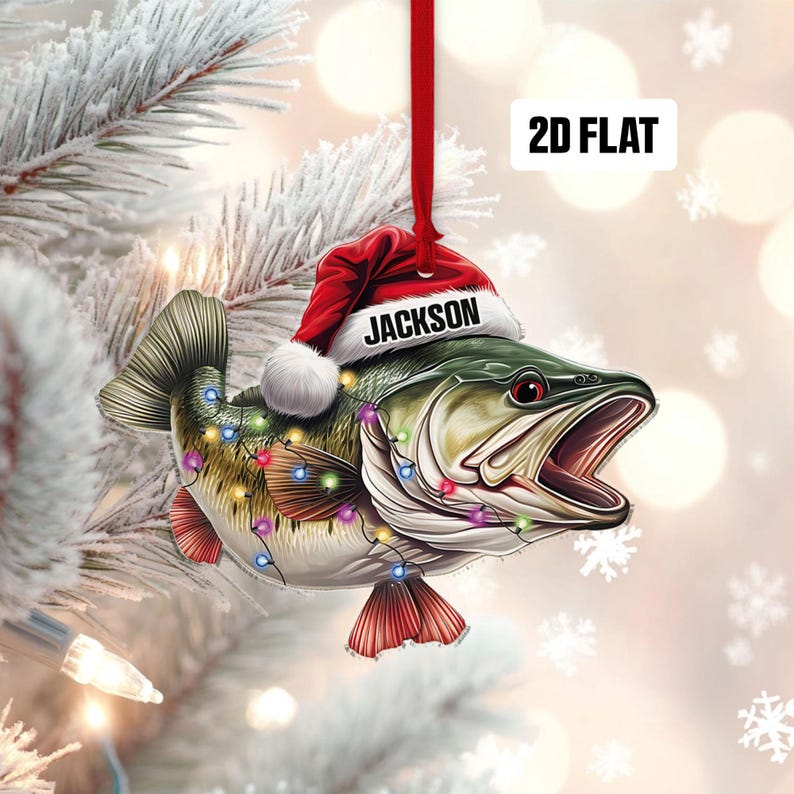 Personalized Fishing 2D Flat Ornament, Custom Name Christmas Ornament, Fisherman Ornament, Bass Fish Dad Ornament, Gifts for Him, Dad