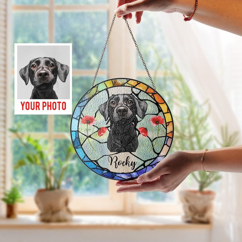 Custom Pet Portrait Stained Glass Suncatcher, Stained Glass Dog Memorial, Custom Dog Portrait from Photo, Sympathy Cat Loss Gift