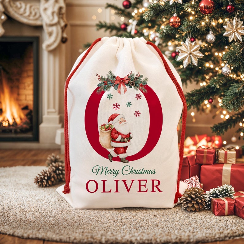 Premium Custom Santa Sack | Thick Canvas Personalised Christmas Present Gift Bag for Him Her Kids Adults | Add Name Initial Xmas Stocking