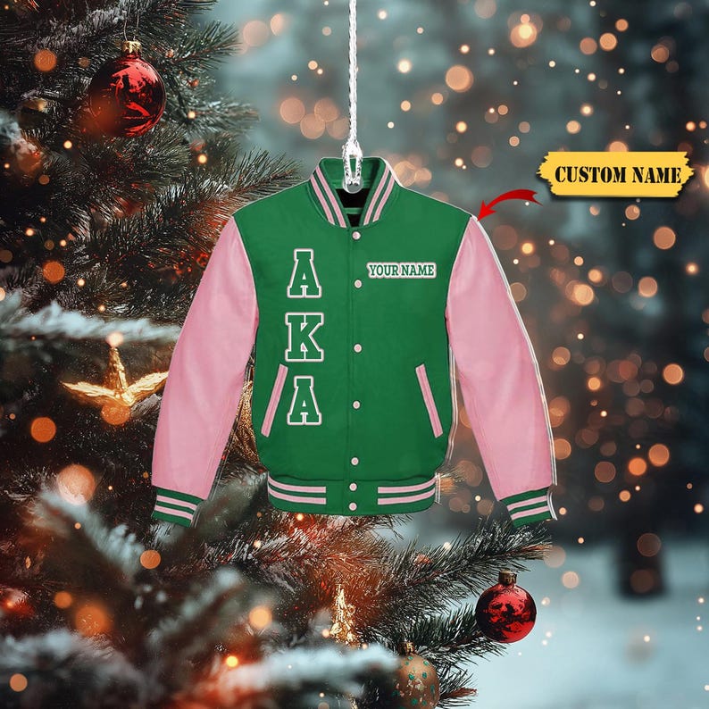 Custom AKA Varsity Jacket Ornament 2D - Personalized Alpha Kappa Alpha Sorority Green and Pink Jacket, Ideal Christmas Gift for AKA Members