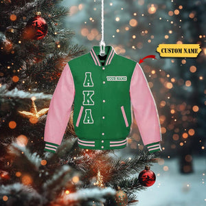 Custom AKA Varsity Jacket Ornament 2D - Personalized Alpha Kappa Alpha Sorority Green and Pink Jacket, Ideal Christmas Gift for AKA Members