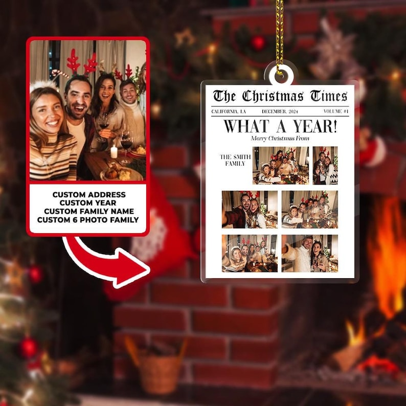 The Christmas Times What A Year Newspaper Ornament, Personalized Family Photo Acrylic Ornament, Year In Review Christmas Keepdake