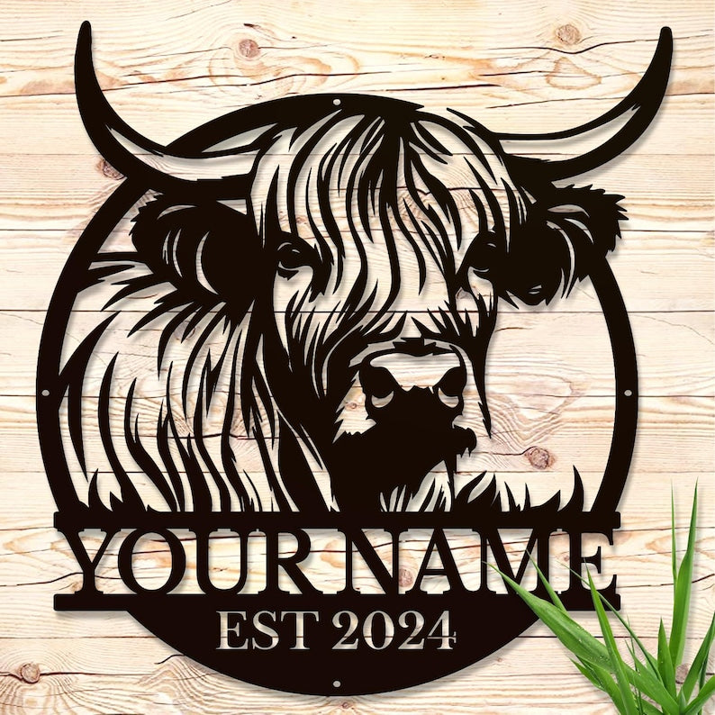 Personalized Highland Cow Metal Sign: Custom Name Wall Decor
