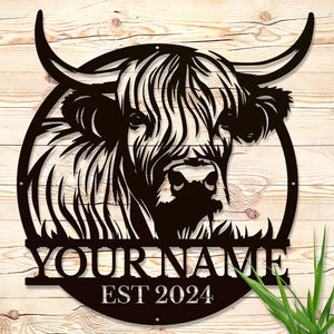 Personalized Highland Cow Metal Sign: Custom Name Wall Decor