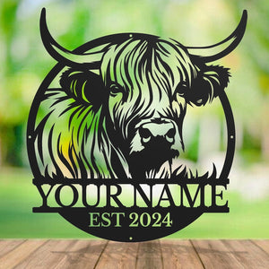 Personalized Highland Cow Metal Sign: Custom Name Wall Decor