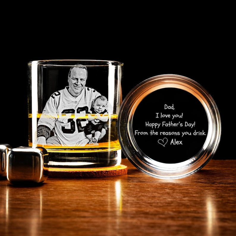 Custom Whiskey Glass Fathers Gift Idea - Personalized Handwriting and Photo on Rock Glass, Laser Engraved, Father's Day Gift