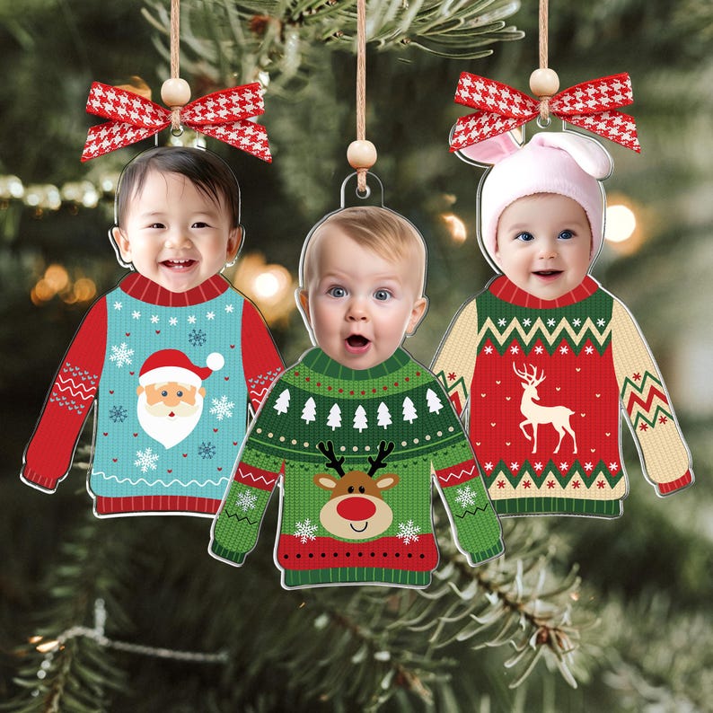 Custom Photo Funny Kid In Christmas Ugly Sweater, Personalized Kid's Face Christmas Ornament, Personalized Acrylic Ornament