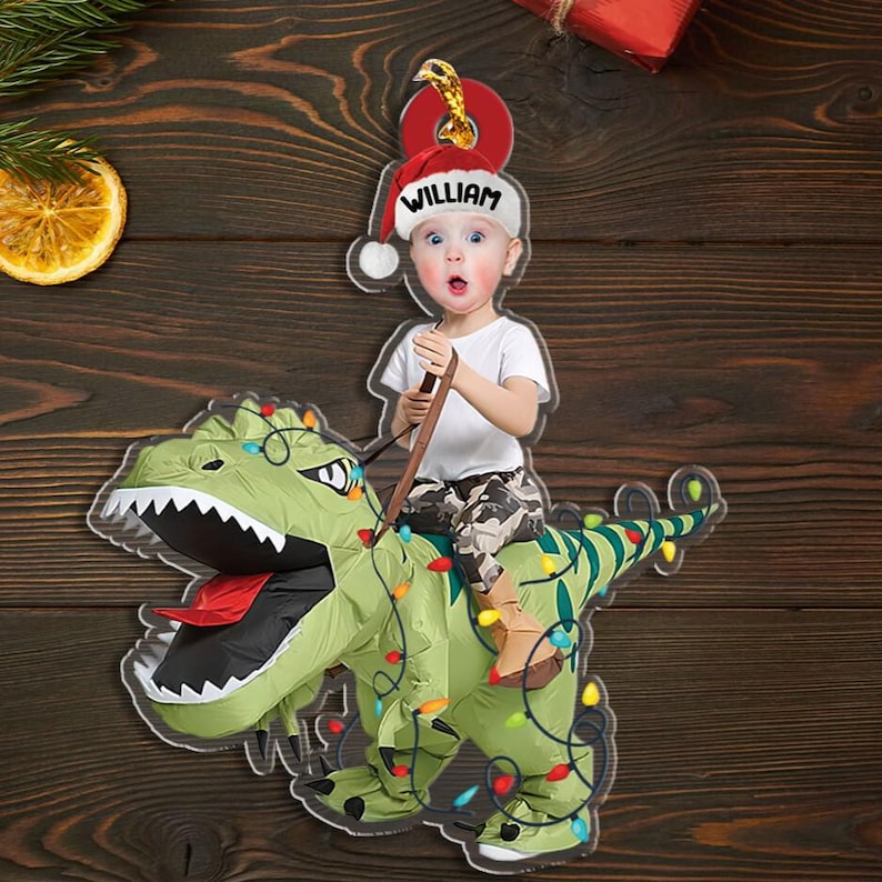 Kid Rides Dinosaur Ornament, Kid Photo Ornaments, Christmas Gift For Grandkids, Custom Photo Ornament, Baby Face Ornament, Christmas Gift