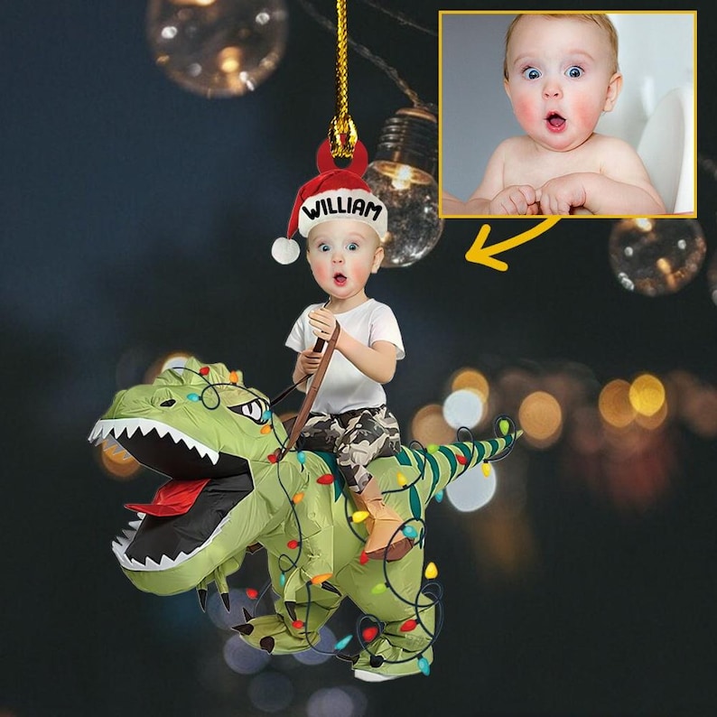 Kid Rides Dinosaur Ornament, Kid Photo Ornaments, Christmas Gift For Grandkids, Custom Photo Ornament, Baby Face Ornament, Christmas Gift