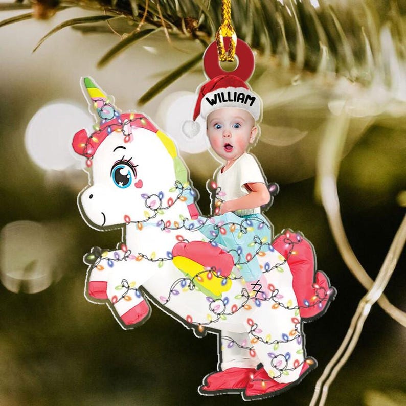 Kid Rides Unicorn With Christmas Light 2d Flat Ornament, Custom Gift, Photo Ornament, Funny Ornament, Holiday Decors, Xmas Decors
