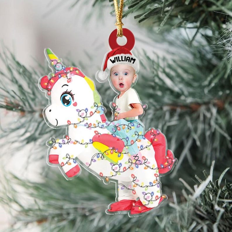 Kid Rides Unicorn With Christmas Light 2d Flat Ornament, Custom Gift, Photo Ornament, Funny Ornament, Holiday Decors, Xmas Decors