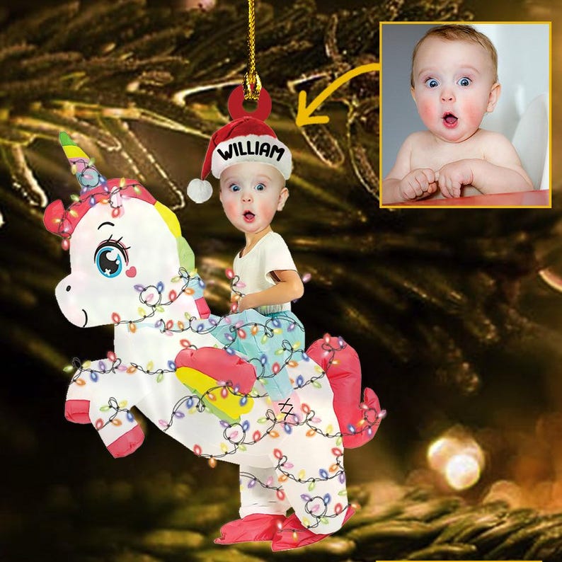 Kid Rides Unicorn With Christmas Light 2d Flat Ornament, Custom Gift, Photo Ornament, Funny Ornament, Holiday Decors, Xmas Decors