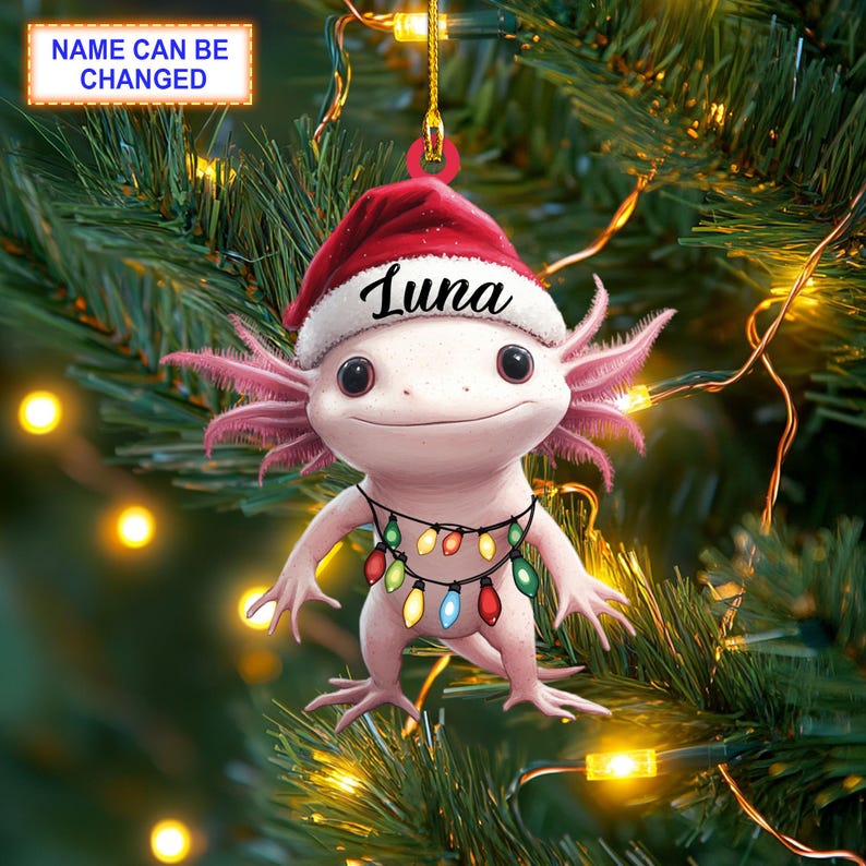 Custom Name Axolotl Salamander With Santa Hat Christmas Lights Ornament, Christmas Tree Hanging Decor, Christmas Ornament, Flat 2D Ornament