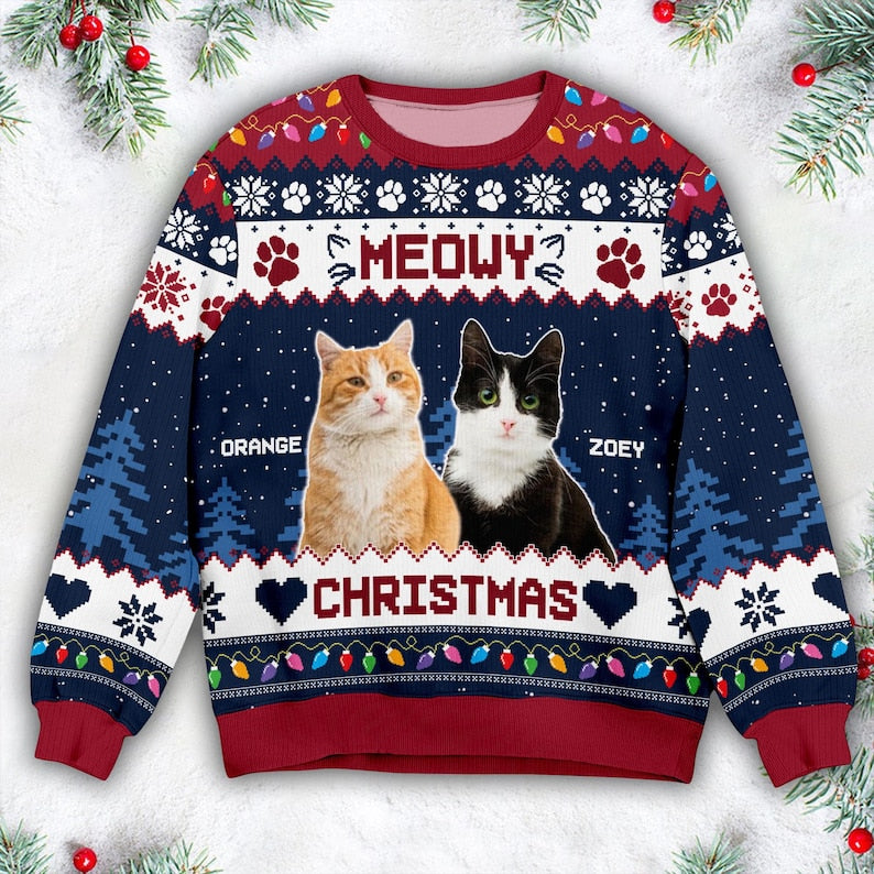 Custom Photo Christmas Ugly Sweater, Meowy Catmas Ugly Sweater, Meowy Christmas, Christmas Gift, Gift For Cat Lovers, Cat Mom, Cat Dad