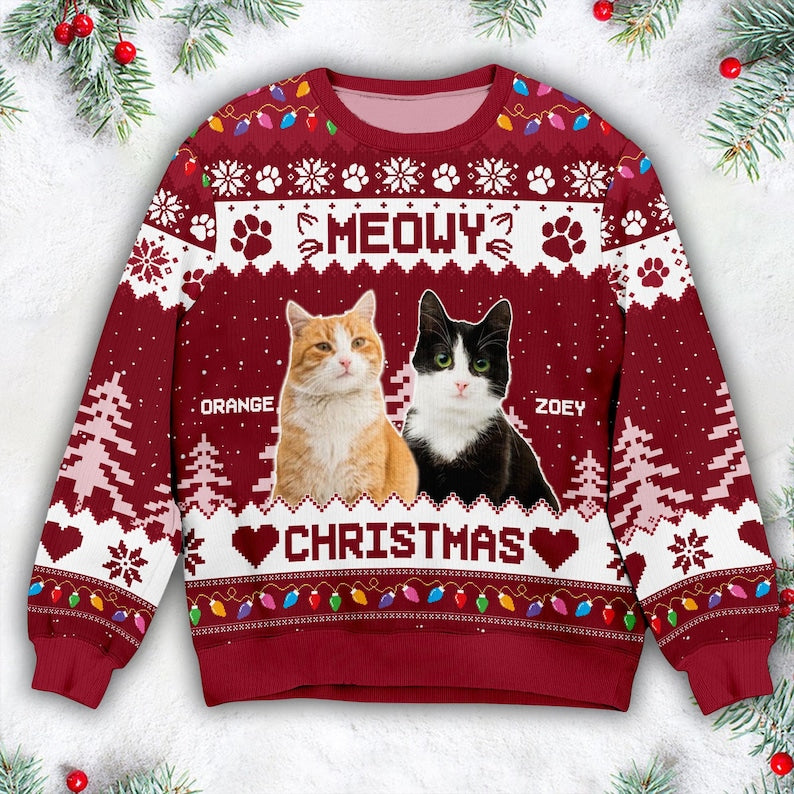 Custom Photo Christmas Ugly Sweater, Meowy Catmas Ugly Sweater, Meowy Christmas, Christmas Gift, Gift For Cat Lovers, Cat Mom, Cat Dad