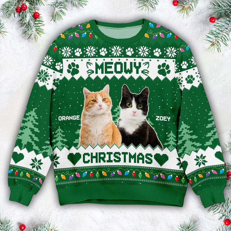 Custom Photo Christmas Ugly Sweater, Meowy Catmas Ugly Sweater, Meowy Christmas, Christmas Gift, Gift For Cat Lovers, Cat Mom, Cat Dad