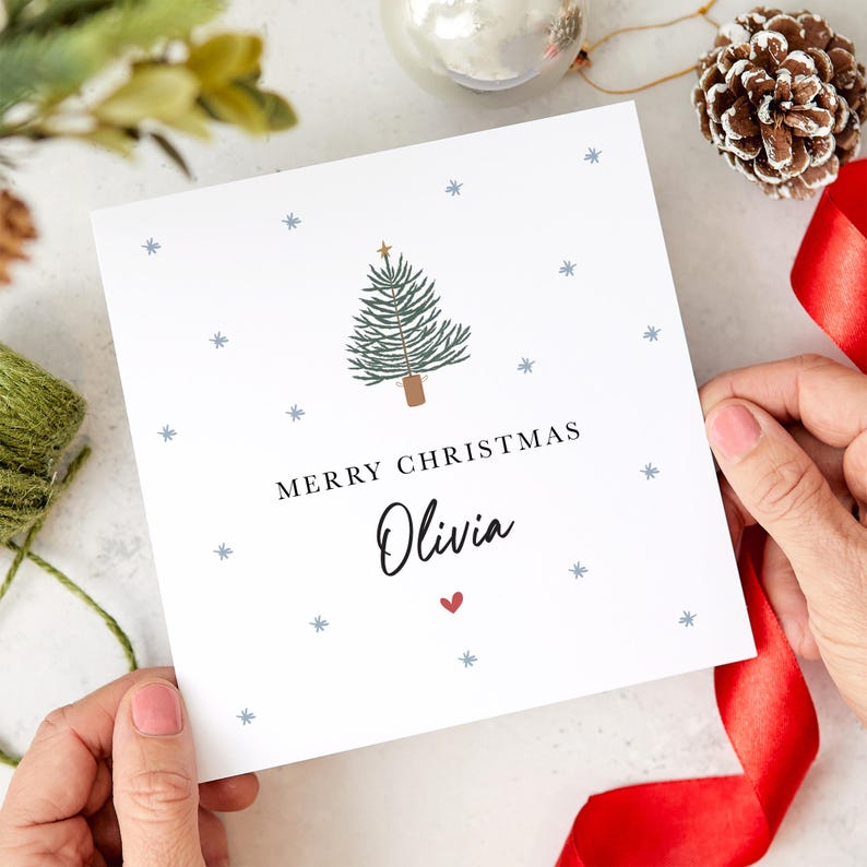 Personalised Merry Christmas card with name Xmas gift card Xmas tree greeting card for her him friend boyfriend girlfriend colleague boss