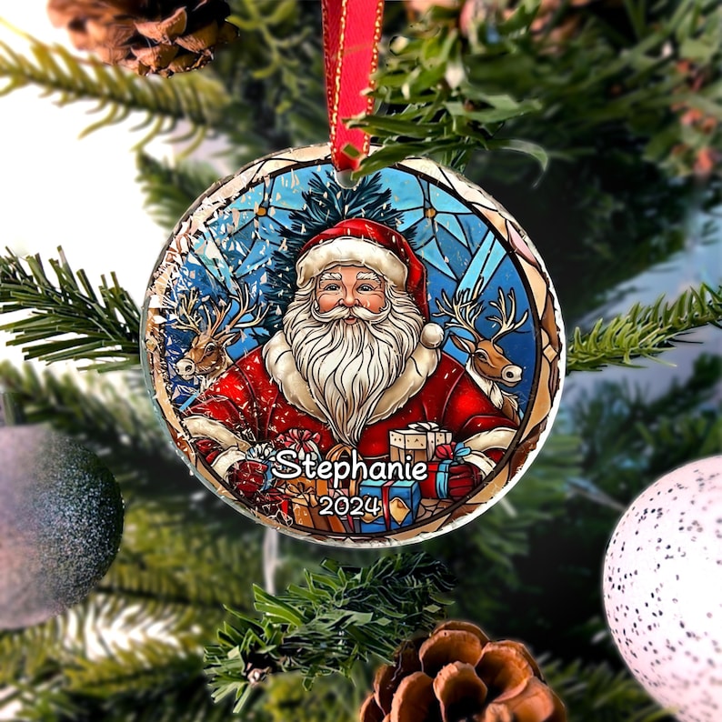 Personalized Santa Claus Stained Glass Ornament,Christmas Handcraft Holiday Ornament with name,Premium Water Ripple Glass,Christmas GIFT