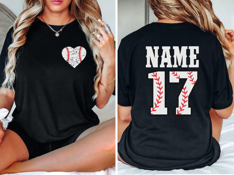 Baseball Heart Shirt With Custom Number And Name, Personalized Baseball Tshirt, Baseball Mom Shirt, Baseball Team Outfit, Sport Lover Shirt