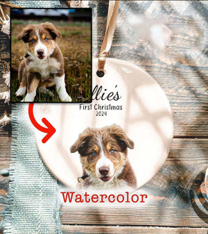 First Christmas New Dog Ornament - Personalized New Puppy Gift - Watercolor Photo Dog First Christmas 2025
