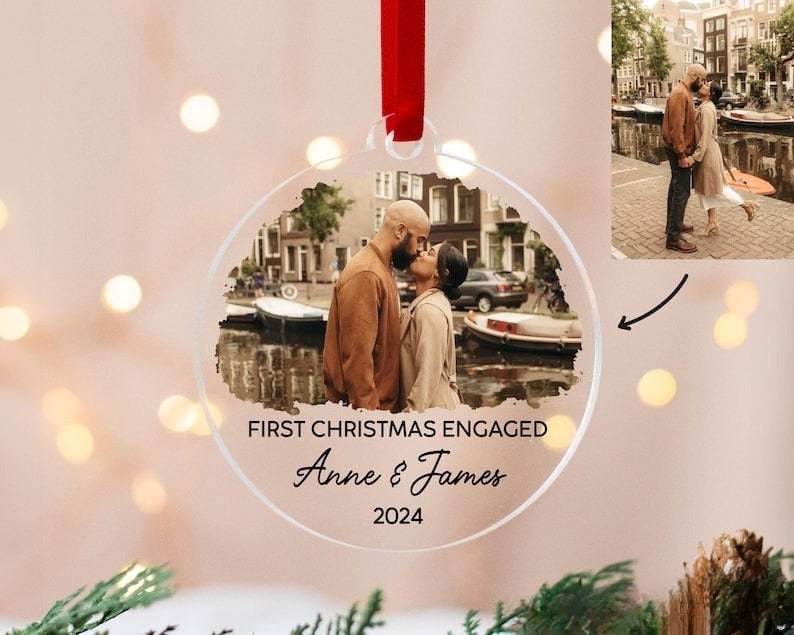 Personalized Our First Christmas Engaged Ornament, Custom Photo Ornament, Christmas Gift for Couple, Engagement Gifts, Christmas Ornaments