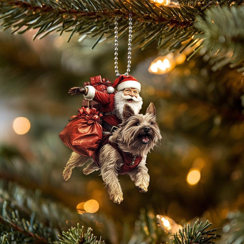 2D Flat Cairn Terrier Ornament, Dog with Santa Ornament, Santa and Dog Ornament, Car Hanging Ornament, Christmas Gift, Dog Lover Gifts