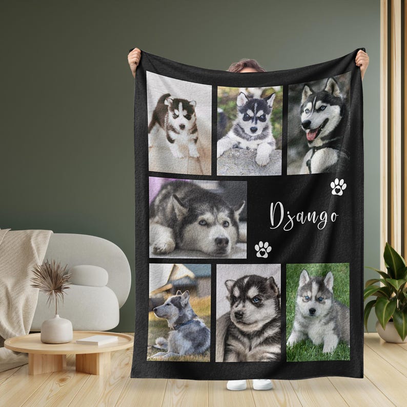 Dog Cat Picture Bedding Blanket With Text, Customized Name Photo Blanket Collage, Memorial Pet Face Loss Keepsake Gift, Mom Dad Bereavement