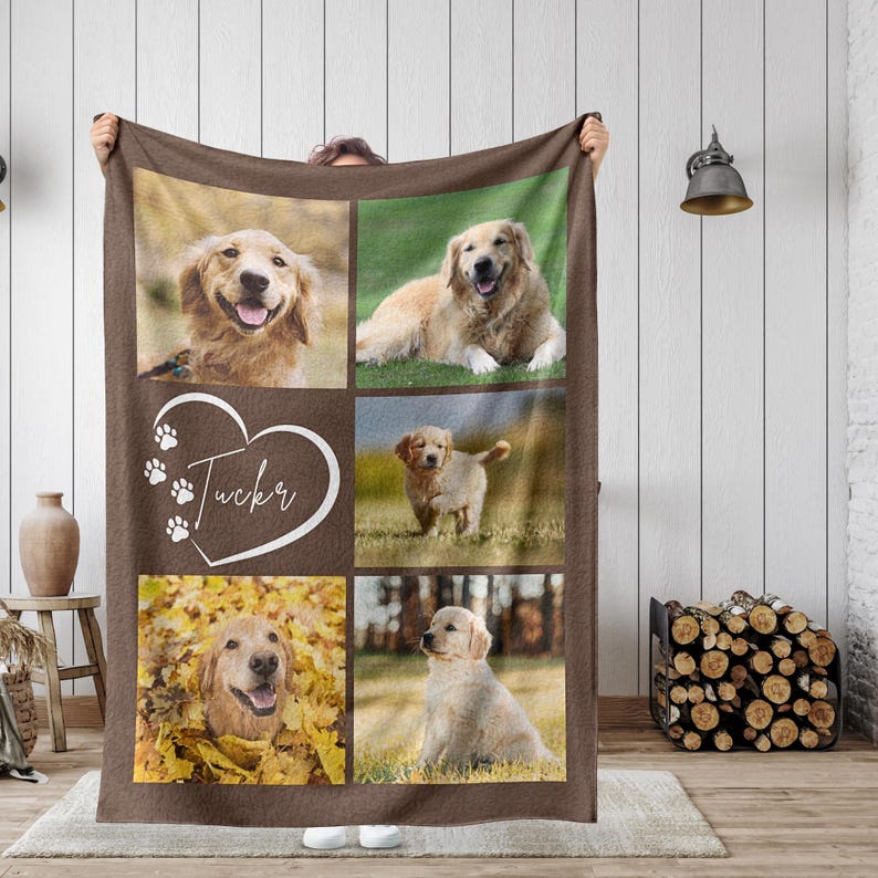 Dog Cat Picture Bedding Blanket With Text, Customized Name Photo Blanket Collage, Memorial Pet Face Loss Keepsake Gift, Mom Dad Bereavement