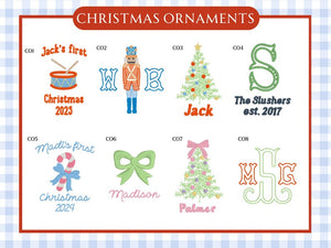 Custom Embroidered Christmas Ornament with Monogram, Baby's First Christmas, Wedding/Family est. Date