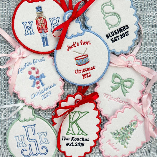 Custom Embroidered Christmas Ornament with Monogram, Baby's First Christmas, Wedding/Family est. Date
