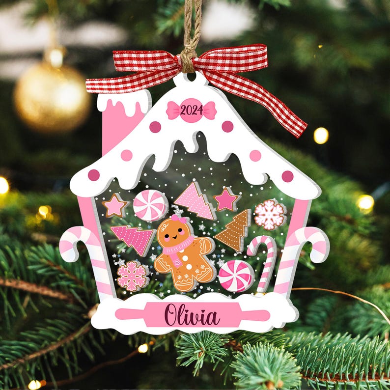 Personalized Gingerbread House Kids Ornament, Custom First Christmas Kids Ornament 2024, 1st Christmas Ornament, 4D Shake Kids Girl Ornament