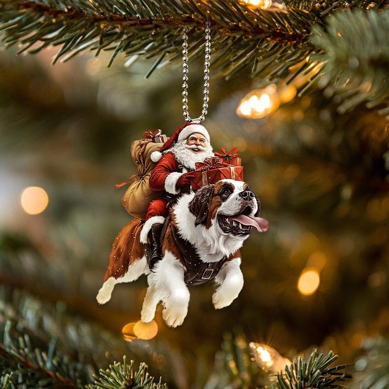2D Flat Funny Saint Bernard Ornament, Santa and Dog Ornament, St Bernard Dog Car Hanging Ornament, Christmas Gifts, Dog Lover Gift
