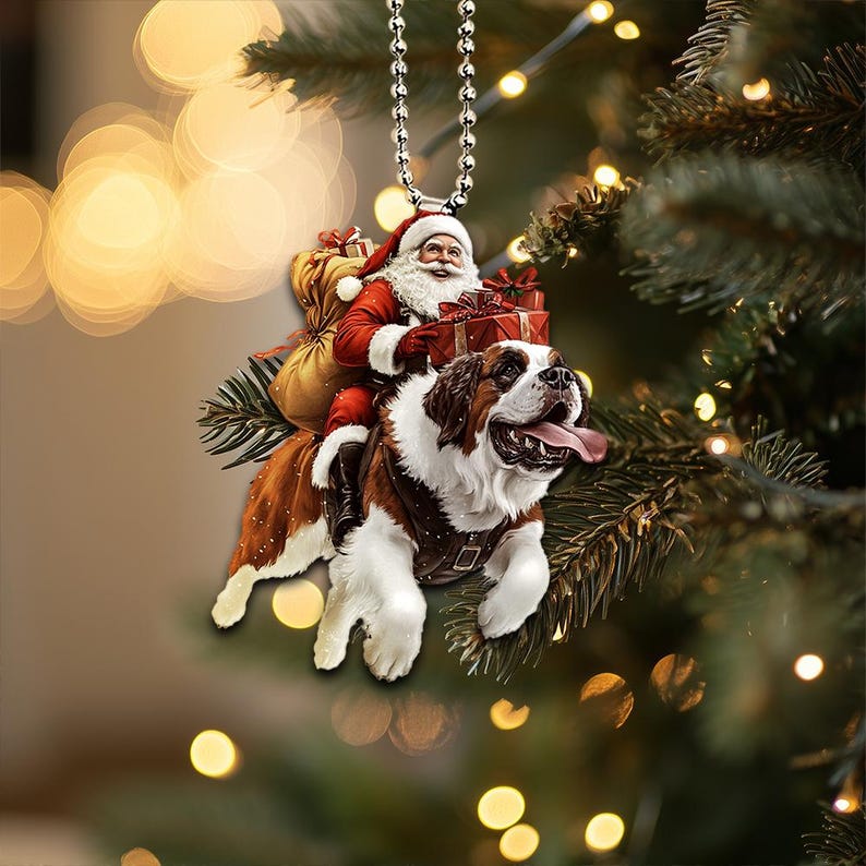 2D Flat Funny Saint Bernard Ornament, Santa and Dog Ornament, St Bernard Dog Car Hanging Ornament, Christmas Gifts, Dog Lover Gift