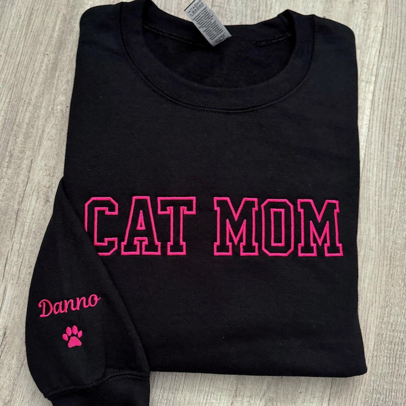Custom Embroidered Cat Mom crewneck sweatshirt Gift for Mom Cat Mom Pullover cat mom gift names on sleeve cat mama sweatshirt cat lover