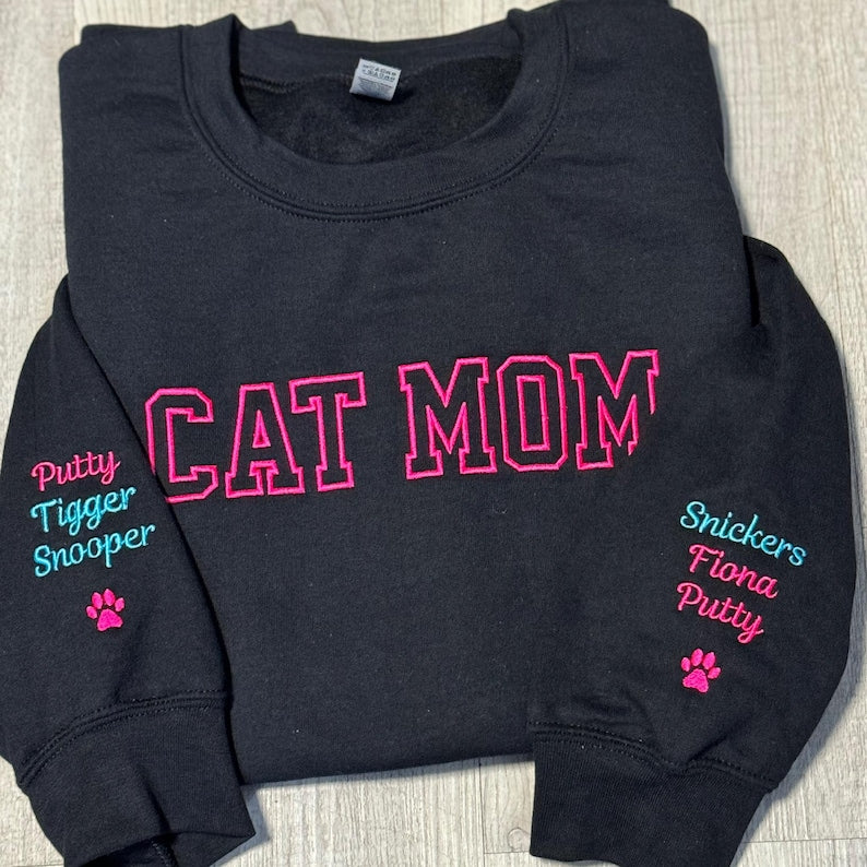 Custom Embroidered Cat Mom crewneck sweatshirt Gift for Mom Cat Mom Pullover cat mom gift names on sleeve cat mama sweatshirt cat lover