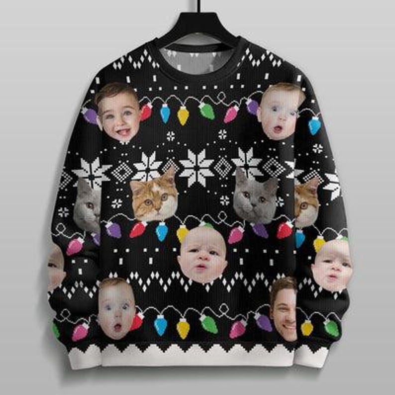 Custom Faces Funny Christmas Lights Ugly Sweater Gift For Family Personalized Photo Ugly Sweater Christmas Gifts, Year End Party Sweater