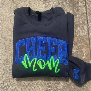 Cheer Mom, Cheer Custom Title with Name on Sleeve Glitter Applique Embroidered Sweatshirt