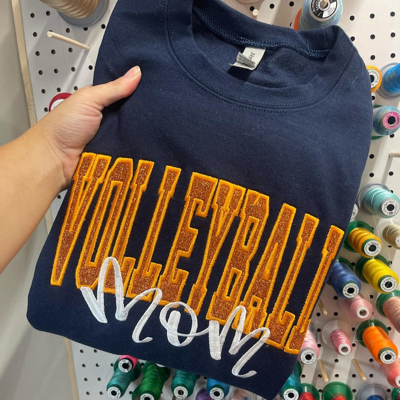 Volleyball Mom Or Custom Title Glitter Applique Embroidered Sweatshirt