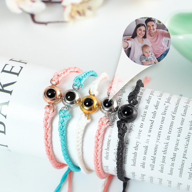 Personalized Circle Photo Bracelet, Projection Bracelet, Custom Braided Rope Picture Bracelet, Memorial Couple Gifts For Her Women Him