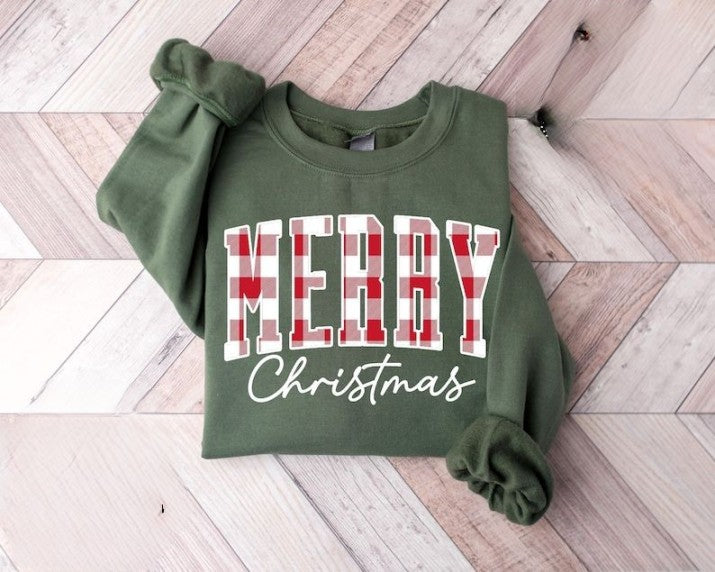 Merry Christmas Sweatshirt, Buffalo Plaid Sweater, Christmas Family crewneck, Xmas Gift Idea, Woman Xmas Shirt, Cute Winter Holiday Sweater